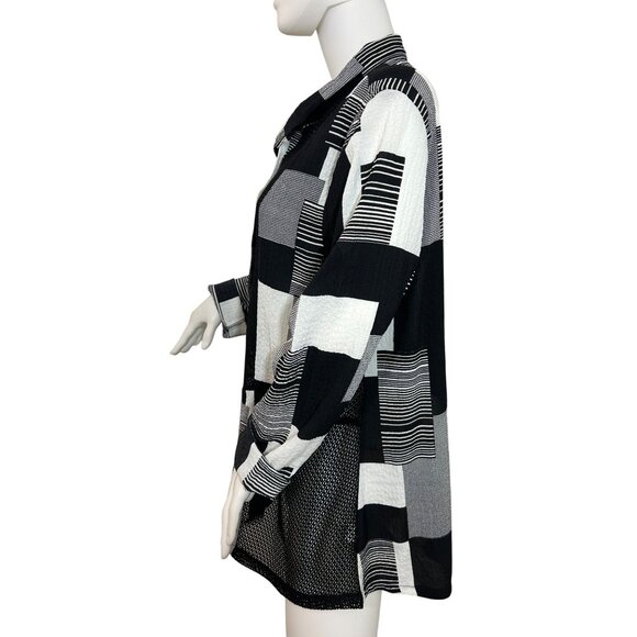 Damee Tunic Top XL Black White Checkered Mesh Inserts Collar Long Sleeve Button - Picture 2 of 16